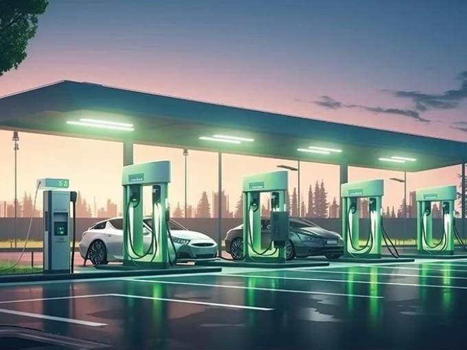 EV charging forecourt at dusk — charger schedules coordinated against site connection limits, tariffs and on-site solar