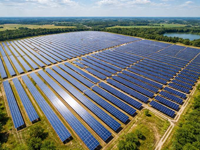 Aerial view of a large solar farm — PV generation forecast and paired with battery charge and discharge optimisation